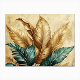 Vintage Tropical Green Brown Leaves, Beige Background, Golden Texture 7 Canvas Print