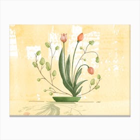 Tulips In Green Pot On Beige Canvas Print
