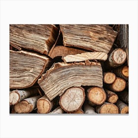 Close Up Photograph Of A Freshly Cut Tree With Visible Growth Rings Standing Beside A Stacked Pile O Canvas Print