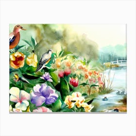 Watercolor Of Flowers And Birds Canvas Print