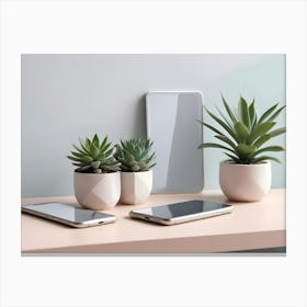 A Mockup Of Three Smartphones With Blank Screens, Set On A Table With Two Potted Succulent Plants Canvas Print