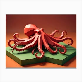 A Red Low Poly Octopus With Its Tentacles Curled Sits On A Green Hexagonal Platform Against An Orange Background Canvas Print