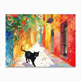 Barcelona, Spain   Black Cat In Street Art Watercolour Painting 2 Canvas Print