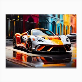 Supercar In Front Of Luxury Hotel - Color Photo Style Painting Canvas Print