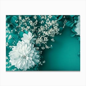 Hyper Realistic Abstract Teal And White Of Spring Flowers, Cozy Minimalistic Luxurious Living With Flowers Canvas Print