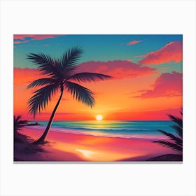 A Tranquil Beach At Sunset Horizontal Illustration 54 Canvas Print