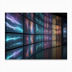 A Large, Curved Wall With Multiple Screens Displaying Abstract Digital Patterns In Shades Of Blue, Pink, And Orange Canvas Print