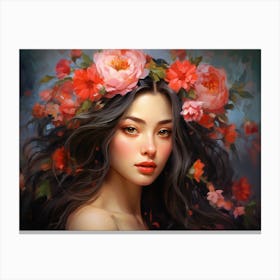 Upscaled An Oil Painting Of A Beautiful Woman With Flowers On Her 4 Canvas Print
