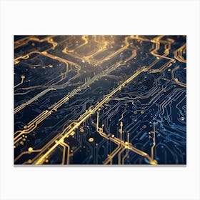 Close Up Shot Of A Computer Circuit Board With Glowing Gold Lines And A Dark Background Canvas Print