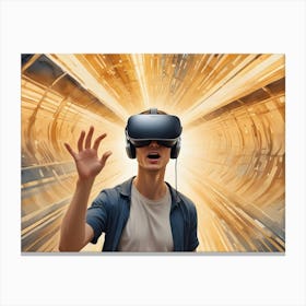 A Man Wearing A Vr Headset Experiences An Immersive Virtual Reality Environment With Golden Streaks Of Light Canvas Print