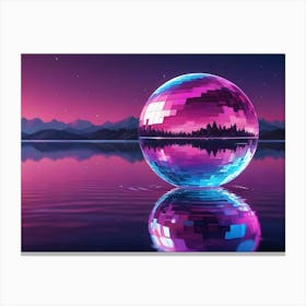 A Mirrored Ball Floating On A Still Lake Reflecting The Surrounding Mountain Range And A Starry Night Sky, Creating A Surreal And Retro Futuristic Scene Canvas Print