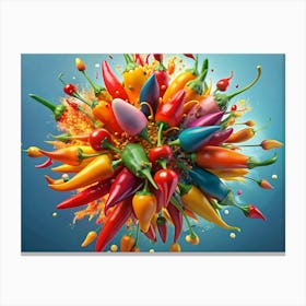 Colorful Chili Peppers Exploding With Colored Paint On A Blue Background 1 Canvas Print