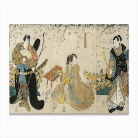 Actors In The Roles Of Shimada Shigesaburō, Kugyō Ama Jitsuwa Takao And Sakingo Yorikane Under Cherry Canvas Print