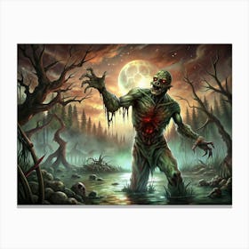 Zombie Walking Through A Swamp With A Full Moon In The Background Canvas Print