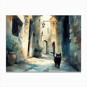 Black Cat In Foggia, Italy, Street Art Watercolour Painting 3 Canvas Print