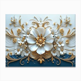 Intricate 3d Artwork Illustration With A White And Blue Backdrop, Embellished With Gold Jewelry 1 Canvas Print