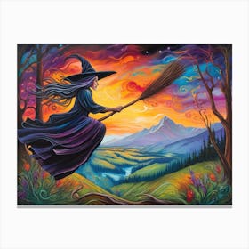 Witch Flying With Broom Canvas Print