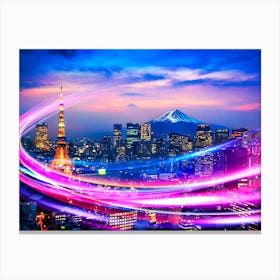 Neon city: Tokyo cityscape with Fuji mountain, Japan (synthwave/vaporwave/retrowave/cyberpunk) — aesthetic poster Canvas Print