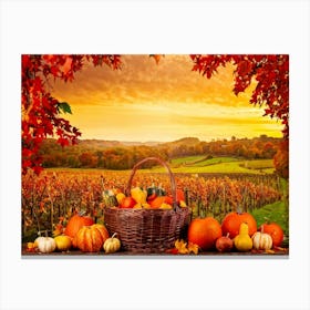 Autumnal Farm Landscape Pumpkins And Cornstalks Surround A Rustic Wooden Basket Filled With Apples (5) Canvas Print