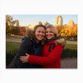 Best Friends Embracing In A Warm Hug Their Smiles Radiant Against The Backdrop Of A Bustling Urban (4) Canvas Print