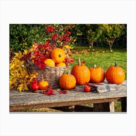 Autumnal Still Life Composition Featuring A Wooden Table Set In A Rustic Garden During The Golden Ho (1) Canvas Print