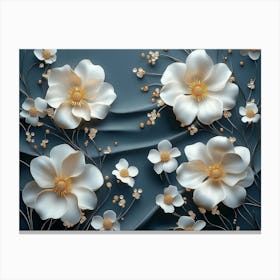 3d Artwork Illustration White and Blue Background with Golden Jewelry and Flowers in Black Design 2 Canvas Print