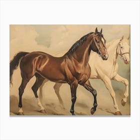 Two Brown And White Horses Running Canvas Print