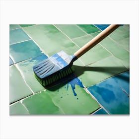 Close Up Of A Blue Cleaning Brush On A Green And Blue Tiled Floor Canvas Print