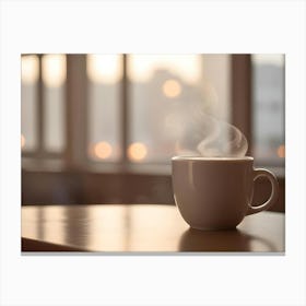 A White Mug With Steam Rising From It, Sitting On A Wooden Table In Front Of A Window With A Blurred View Of A Cityscape At Sunset Canvas Print