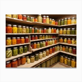 Jars Of Pickled Vegetables Organized On Wooden Shelves Canvas Print