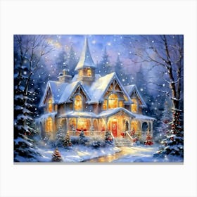 Watercolor House On The Forest Edge During A Magical Christmas Winter Snow Sparkling Around Amidst Canvas Print