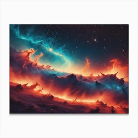 Surreal Landscape With Rocky Formations And Glowing, Ethereal Clouds Against A Starry Night Sky Canvas Print