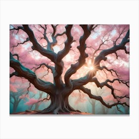 An Ancient, Gnarled Tree With Pink Blossoms Stands Majestically In A Misty Forest Bathed In Ethereal Light Canvas Print