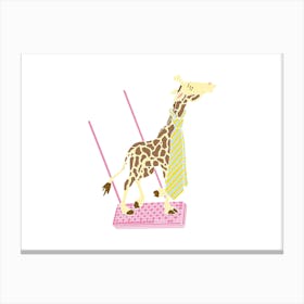Giraffe Wearing A Tie Swinging On A Pink Wafer, Fun Circus Animal, Cake, Biscuit, Sweet Treat Print, Landscape Canvas Print