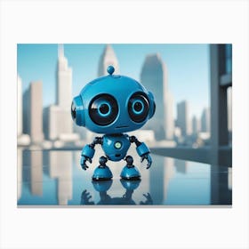 A Small, Blue Robot Stands On A Platform In Front Of A Blurred City Canvas Print