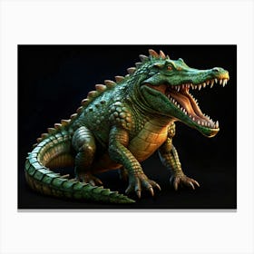 Green Crocodile With Open Mouth On Black Background Canvas Print