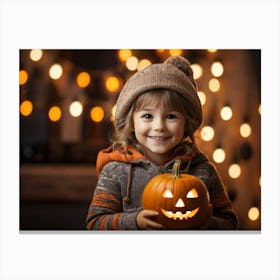 Little Girl Holding A Pumpkin 3 Canvas Print