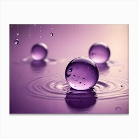 Three Glass Spheres, One Resting On A Purple Liquid Surface, Creating A Ripple Effect Canvas Print