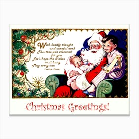 Santa Claus With Kids And Christmas Quotes Canvas Print