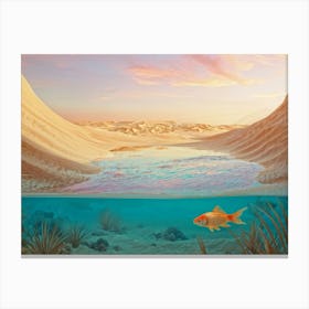 Elephant Sized Goldfish Swimming Through A Surreal Desert Landscape Oversized Waves In Golden Sands Canvas Print