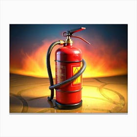 Red Fire Extinguisher With Hose On A Yellow Brick Background Canvas Print