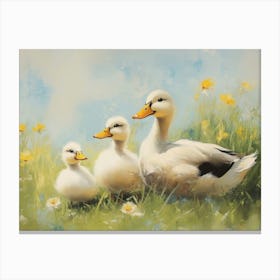 Duck Family In Green Meadow Canvas Print