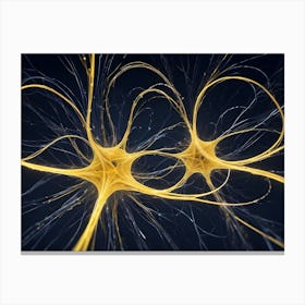 Abstract 3d Rendering Of A Glowing Neuron Like Network With Interconnected Golden Strands And A Blue Black Background Canvas Print