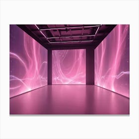 An Empty Room With A Large Screen Displaying Abstract Pink And Purple Digital Patterns, Creating A Futuristic And Ethereal Atmosphere Canvas Print