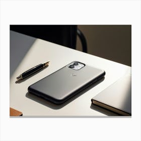 Leather Phone Case Rests On A White Table Beside A Neatly Arranged Notebook And Ballpoint Pen Sunli Canvas Print