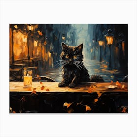 Cat And Cafe Terrace At Night By Van Gogh Inspired 07 Canvas Print