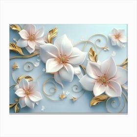 3d White And Pink Flowers With Golden Swirls And Leaves Canvas Print