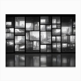 Wall Sized Screen With A Grid Of Images Depicting Various Landscapes, Cityscapes, And Abstract Scenes In Shades Of Gray And White, Resembling A Futuristic Or Sci Fi Cityscape Canvas Print