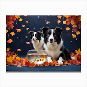 Two Border Collie Dogs Sitting In Front Of A Fishbowl With Orange Jellyfish And Surrounded By Fall Leaves Canvas Print