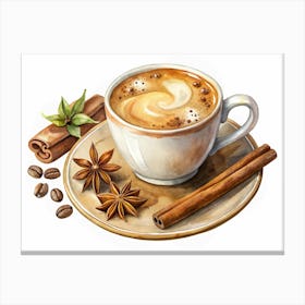 Watercolor Illustration Of A Cup Of Coffee With Spices Canvas Print